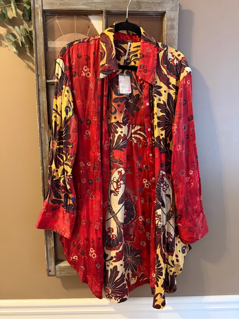 NWT Free People Ruby Butterfly Combo Satin Oversized Button Up Shirt S
